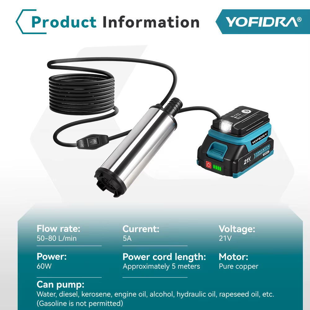 YOFIDRA 50-80L/min Mini Electric Pump For Pumping Diesel Oil Water Submersible Fuel Transfer Tools For Makita 21V Battery Pin משאבת מים / דלק מקיטה